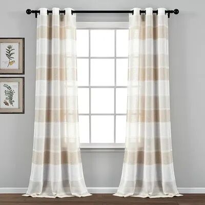 Lush Decor 2-pack Textured Stripe Grommet Sheer Window Curtains, Beig/Green, 38X84