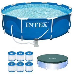 Intex Metal Frame Pool w/ Pump & Type H Filters (6 Pack) & 10’ Round Pool Cover, Brt Blue