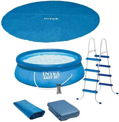 Intex 15ft x 48in Easy Set Above Ground Inflatable Pool w/ Pump and Solar Cover, Brt Blue