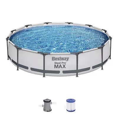 Bestway Steel Pro Max 12ft x 30in Frame Round Above Ground Swimming Pool w/ Pump, Grey