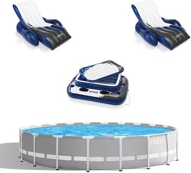 Intex Prism Frame 20ft x 52in Above Ground Pool, Lounger Float (2 Pack) & Cooler, Grey