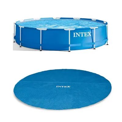 Intex 12 Foot x 30 In. Easy Set and Metal Frame Pool w/ Solar Cover Tarp, Blue, Brt Blue