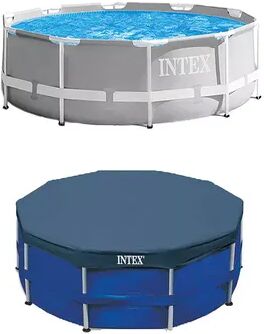 Intex 10 Foot x 30 Inches Pool w/ 10-Foot Round Above Ground Pool Cover, Grey