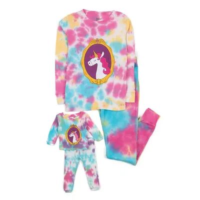 Leveret Girls & Doll Cotton Pajamas Tie Dye Unicorn Pink 3 Year, Girl's, Size: 10, TD Unicorn
