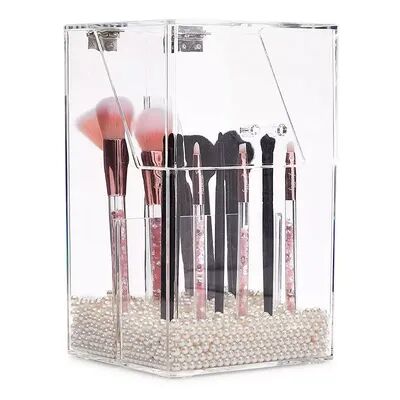 Glamlily Acrylic Makeup Brush Holder with Lid and Beads Cosmetic Storage Organizer (6 x 5.7 x 9.25 In), Beige Over