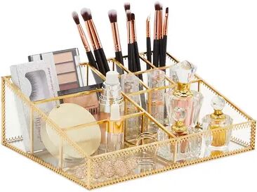 Glamlily Glass Makeup Organizer with Gold Trim for Cosmetic Storage (10.2 x 7.5 x 3.5 In), Beige Over