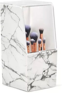 Glamlily Marble Makeup Brush Holder Organizer with Clear Lid, 14 Brushes Slots Display Case (4.4 x 5.5 x 9.7 in), White