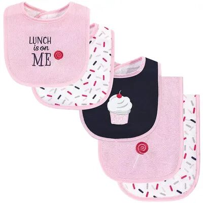 Hudson Baby Infant Girl Cotton Terry Bib and Burp Cloth Set 5pk, Cupcake, One Size, Med Pink