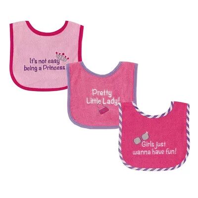 Luvable Friends Baby Girl Cotton Terry Drooler Bibs with PEVA Back 3pk, Pretty, One Size, Med Pink
