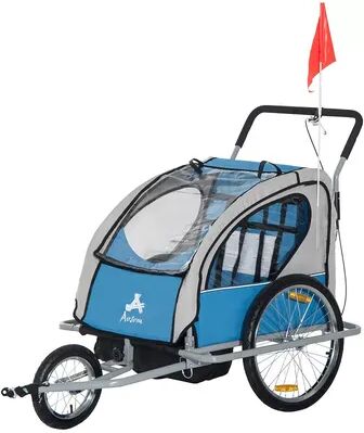 Aosom Elite 2 In 1 Three Wheel Bicycle Cargo Trailer and Jogger for Two Children with 2 Security Harnesses and Storage Blue, Brt Blue