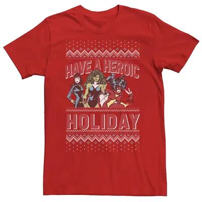 Licensed Character Men's Marvel Have A Heroic Holiday Heroine Vintage Group Shot Ugly Christmas Tee, Size: Large, Red