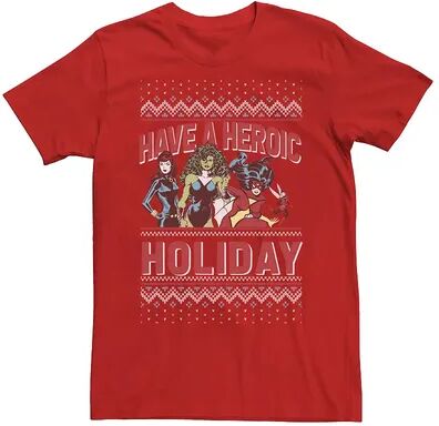 Licensed Character Men's Marvel Have A Heroic Holiday Heroine Vintage Group Shot Ugly Christmas Tee, Size: Medium, Red