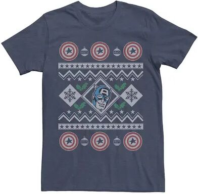 Licensed Character Men's Marvel Captain America Retro Ugly Christmas Sweater Short Sleeve Tee, Size: Small, Med Blue