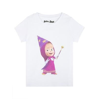 Masha and the Bear Short Sleeve T-Shirt with Masha Wizard, Comfortable Crewneck, Machine Washable, Girl's, Size: 1T, White