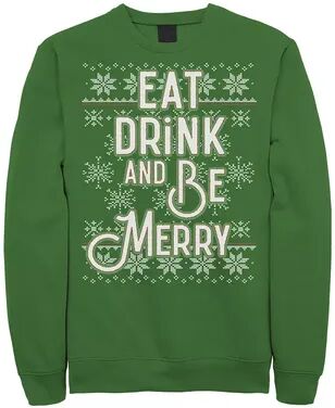 Licensed Character Men's Ugly Sweater Eat Drink Be Merry Christmas Graphic Fleece Pullover, Size: Large, Green