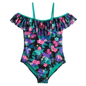 SO Girls 7-18 1/2 Plus SO Floral Off-Shoulder One Piece Swimsuit, Girl's, Size: 12, Black