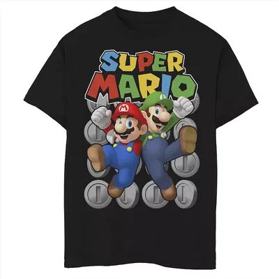 Licensed Character Boys 8-20 Super Mario Luigi And Mario Coin Portrait Graphic Tee, Boy's, Size: Large, Black