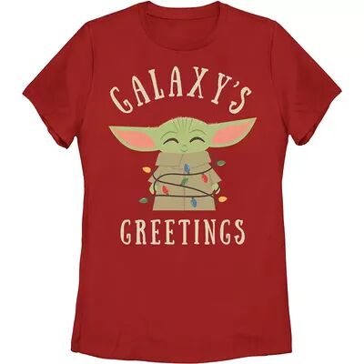 Licensed Character Juniors' The Mandalorian Baby Yoda Christmas Lights Tee, Girl's, Size: XL, Red