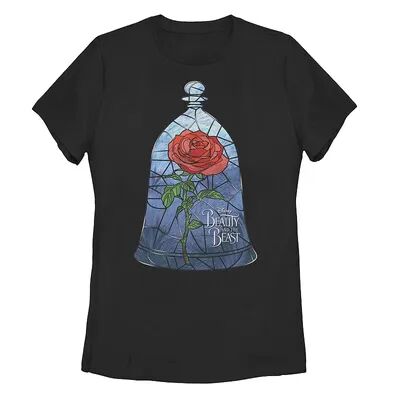 Licensed Character Juniors' Disney's Beauty & The Beast Stained Glass Rose Graphic Tee, Girl's, Size: Large, Black