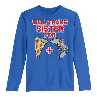 Licensed Character Boys 8-20 Will Trade Sister For Pizza And Video Games Long Sleeve Tee, Boy's, Size: Small, Med Blue