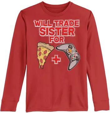 Licensed Character Boys 8-20 Will Trade Sister For Pizza And Video Games Long Sleeve Tee, Boy's, Size: Medium, Red