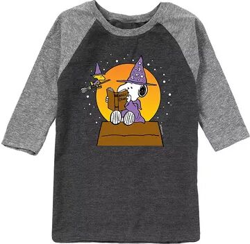 Licensed Character Boys 8-20 Peanuts Snoopy & Woodstock Sorcerer Halloween Raglan Tee, Boy's, Size: Medium, Grey