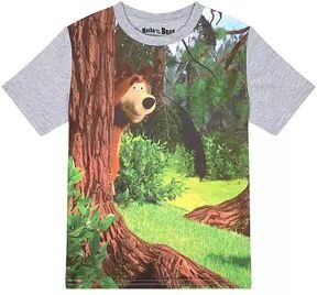 Masha and the Bear Boy's Full Forest Photo Print Bear Hiding Behind Tree T-Shirt, Machine Washable, Size: 5T, Grey Melan