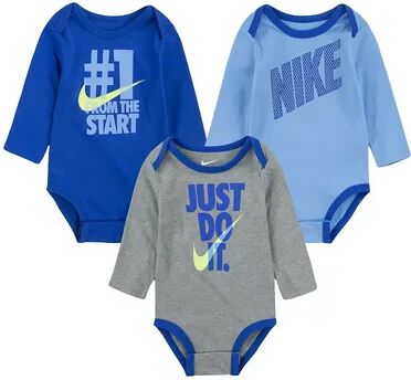 Nike Baby Boys Nike Long Sleeve Bodysuits 3-Pack Set, Boy's, Size: 3 Months, Med Blue