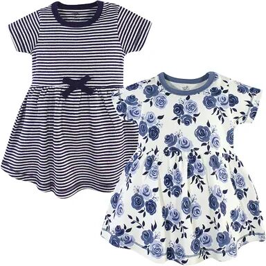 Touched by Nature Baby and Toddler Girl Organic Cotton Short-Sleeve Dresses 2pk, Navy Floral, Toddler Girl's, Size: 4T, Brt Blue