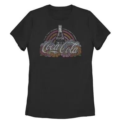 Licensed Character Juniors' Coca Cola Rainbow Arch Floral Logo Tee, Girl's, Size: Large, Black