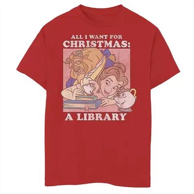 Disney Boys 8-20 Disney Beauty And The Beast Christmas Poster Graphic Tee, Boy's, Size: Large, Red