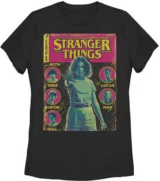 Licensed Character Juniors' Netflix Stranger Things Group Shot Comic Book Cover Tee, Girl's, Size: Large, Black