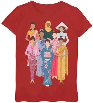 Unbranded Girls 6-16 Asian Culture Dresses Group Shot Graphic Tee, Girl's, Size: Large, Red