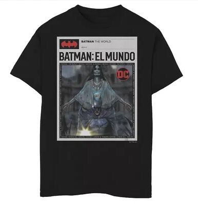 DC Comics Boys 8-20 Batman The World Mexico News Poster Graphic Tee, Boy's, Size: Large, Black