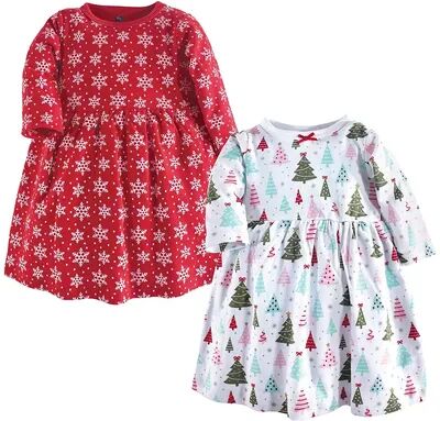 Hudson Baby Infant and Toddler Girl Long-Sleeve Cotton Dresses 2pk, Sparkle Trees, Toddler Girl's, Size: 4T, Brt Red