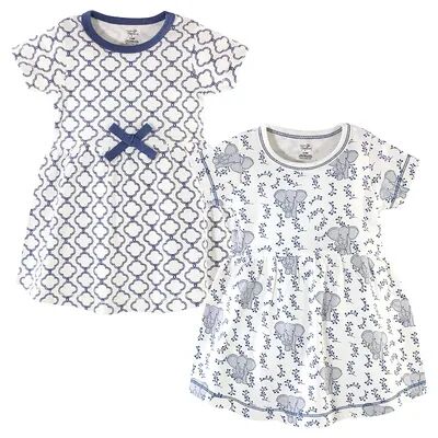 Touched by Nature Baby and Toddler Girl Organic Cotton Short-Sleeve Dresses 2pk, Blue Elephant, Toddler Girl's, Size: 6-9 Months, Brt Blue