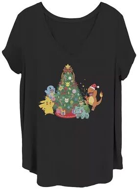 Licensed Character Juniors' Plus Size Pokémon Group Shot Christmas Tree Graphic Tee, Girl's, Size: 1XL, Black