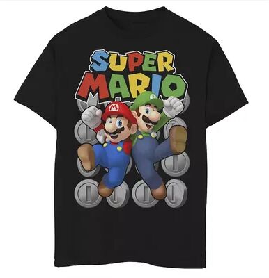 Licensed Character Boys 8-20 Super Mario Luigi And Mario Coin Portrait Graphic Tee, Boy's, Size: Medium, Black