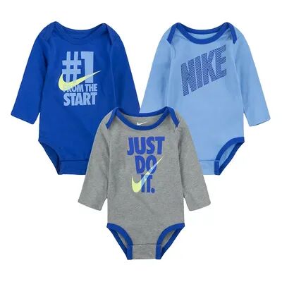Nike Baby Boys Nike Long Sleeve Bodysuits 3-Pack Set, Boy's, Size: 6 Months, Med Blue