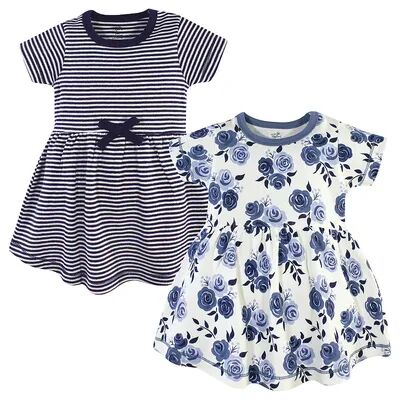 Touched by Nature Baby and Toddler Girl Organic Cotton Short-Sleeve Dresses 2pk, Navy Floral, Toddler Girl's, Size: 2T, Brt Blue
