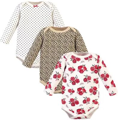 Hudson Baby Infant Girl Quilted Long-Sleeve Cotton Bodysuits 3pk, Rose Leopard, Infant Girl's, Size: 3-6 Months, Brt Red