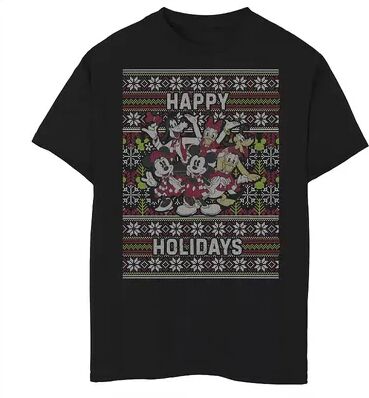 Disney Boys 8-20 Group Shot Happy Holidays Christmas Sweater Style Graphic Tee, Boy's, Size: Medium, Black