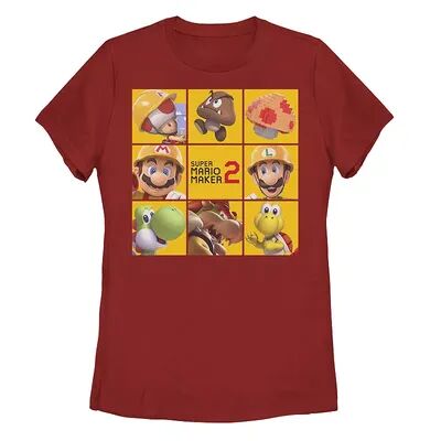 Licensed Character Juniors' Nintendo Super Mario Maker 2 Character Logo Box Grid Panel Tee, Girl's, Size: Small, Red