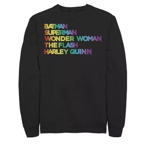 Licensed Character Men's Justice League Member Graidient Rainbow Word Stack Sweatshirt, Size: Large, Black