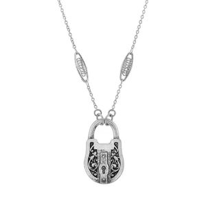 1928 Antiqued Silver Tone Padlock Necklace, Women's, Grey