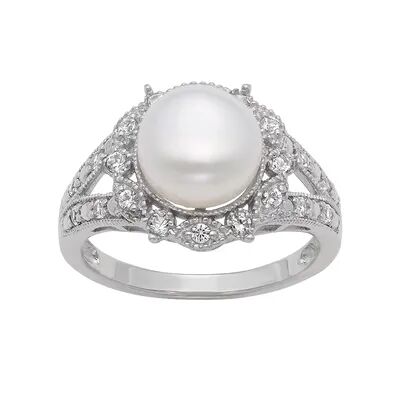 Designs by Gioelli Sterling Silver Freshwater Cultured Pearl and Lab-Created White Sapphire Ring, Women's, Size: 8