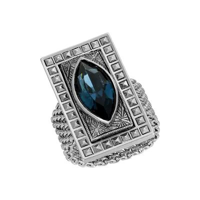 1928 Silver Tone Crystal Art Deco-Inspired Stretch Ring, Women's, Blue