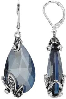 1928 Silver Tone Glass Crystal Teardrop Leverback Earrings, Women's, Blue