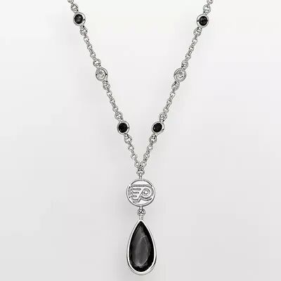 LogoArt Philadelphia Flyers Silver Tone Crystal Logo Teardrop Y Necklace, Women's, Black