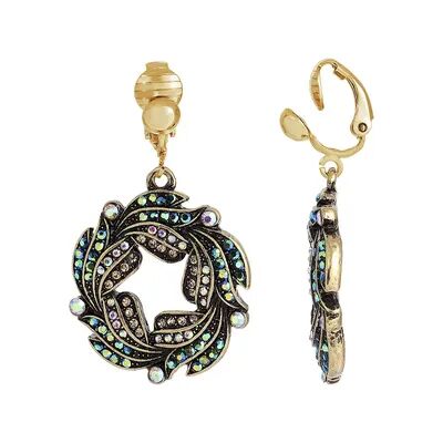 1928 Gold Tone Blue Iridescent Glass Stone Wreath clip-On Earrings, Women's, Multi